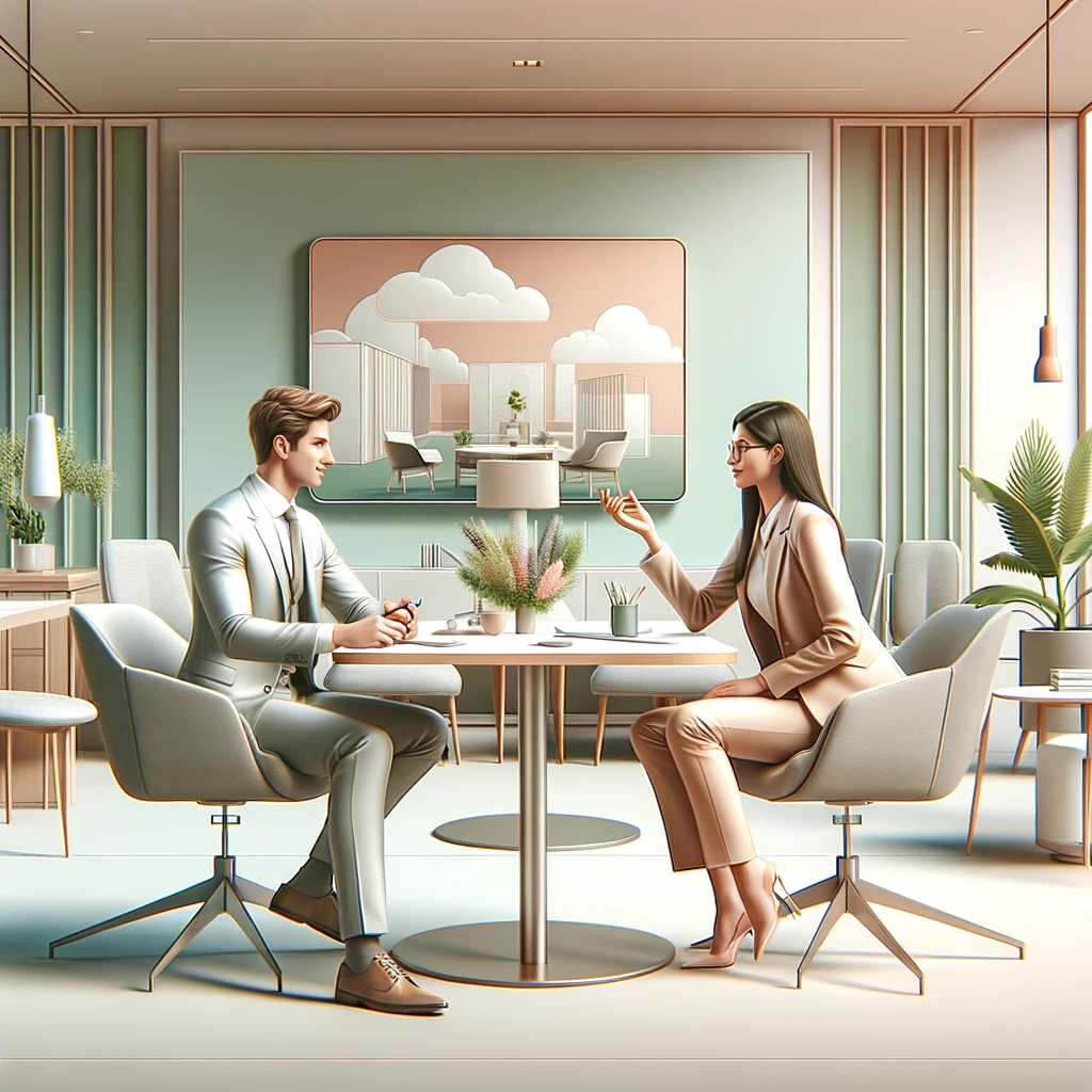 DALL·E 2024-03-29 17.26.33 – Imagine a modern virtual conference between two young, dynamic professionals. The setting is minimalist yet stylish, embodying the spirit of contempor